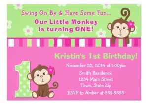 Monkey Invites First Birthday Monkey Girl 1st Birthday Invitation 5×7 Card Zazzle