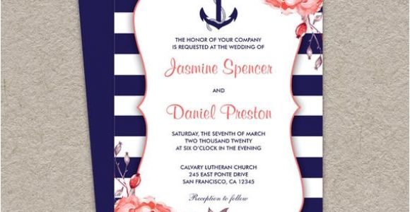 Nautical themed Wedding Invitation Template Nautical Wedding Invitation Printable Navy Blue and Coral