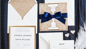 Navy Blue and Rose Gold Wedding Invitations Elegant Rose Gold and Navy Blue Glitter Wedding