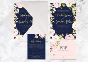 Navy Blue and Rose Gold Wedding Invitations Navy Blue Wedding Invitation Kits Printable Wedding
