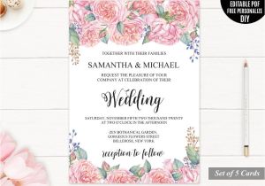 Old Rose Wedding Invitation Template Pink Peony Wedding Invitation Set Printable Floral