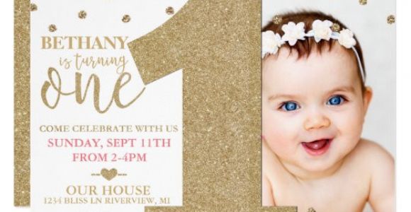 One Year Birthday Invitation Template First Birthday Faux Gold Glitter Pink Invitation