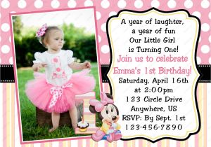 One Year Birthday Invitation Template Minnie Mouse Invitations 1st Birthday Free Invitation