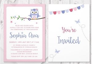 Owl Baptism Invitations Cute Mauve and Pink Owl and butterfly Christening