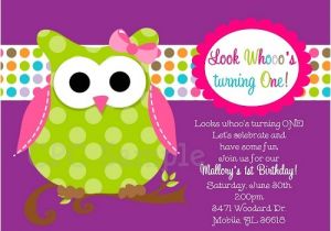 Owl themed 1st Birthday Invitations Owl 1st Birthday Invitation In Pink Green and Purple