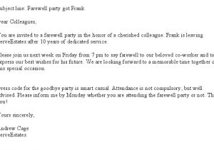 Party Invitation Email to Colleagues Farewell Party Invitation Email Cimvitation