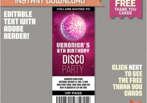 Party Invitation Template Disco Disco Party Ticket Invitation with Free Thank You Card
