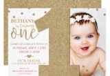Party Invitation Template Year 1 First Birthday Faux Gold Glitter Pink Invitation