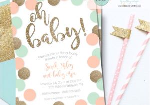 Peach and Gold Baby Shower Invitations Baby Shower Invitation Peach Mint and Gold Glitter