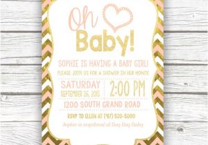 Peach and Gold Baby Shower Invitations Oh Baby Peach and Gold Foil Chevron Baby Shower Invitation