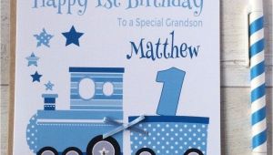 Personalised 1st Birthday Cards for Grandson Handmade Personalised Blue Train 1st Birthday Card