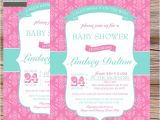 Pink and Aqua Baby Shower Invitations Girls Baby Shower Invitations Damask Pink Aqua by Paperclever