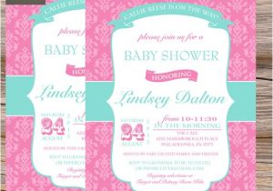 Pink and Aqua Baby Shower Invitations Girls Baby Shower Invitations Damask Pink Aqua by Paperclever