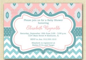 Pink and Aqua Baby Shower Invitations Light Pink and Aqua Ikat and Chevron Baby Shower