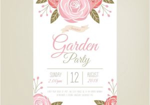 Pink Birthday Invitation Template Vector Garden Party Invitation Template with Beautiful Flowers