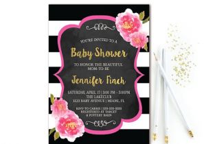 Pink Black and White Baby Shower Invitations Black & White Stripe Baby Shower Invitation Pink and Gold