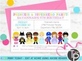 Princess and Superhero Party Invitation Template Princess Superhero Party Invitation Instant Download