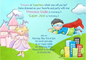 Princess and Superhero Party Invitations Princess and Superhero Birthday Invitation Castle Invite