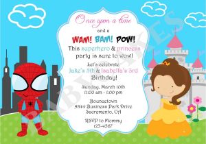 Princess and Superhero Party Invitations Superhero Princess Birthday Invitation Invite Sibling