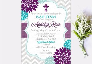 Purple Baptism Invitations Baptism Invitation Floral Purple Turquoise Girl First