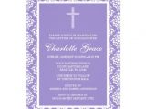 Purple Baptism Invitations Purple Damask Cross Girl Baptism Christening 5×7 Paper