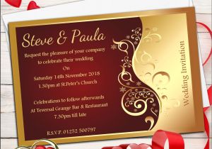 Red White and Gold Wedding Invitations 10 Personalised Red Gold Wedding Invitations Day evening N25
