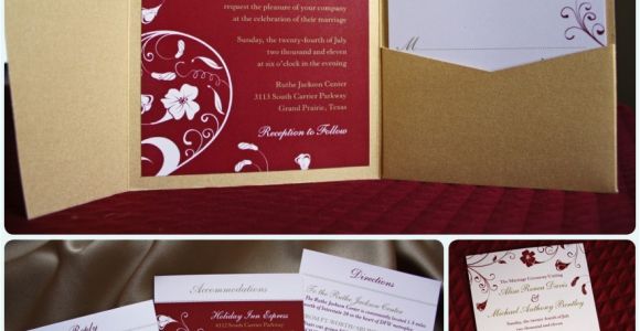 Red White and Gold Wedding Invitations Red and Gold Tropical Flower Pocketfold Invitations and
