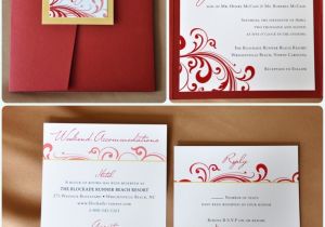 Red White and Gold Wedding Invitations Red Swirl with Gold Accents Pocketfold Wedding