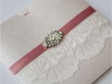 Ribbon Brooch Wedding Invitation Antique Lace and Vintage Brooch Wallet Invitation