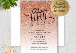 Rose Gold Birthday Invitation Template Rose Gold Sparkle Glitter Editable 50th Birthday Invitation