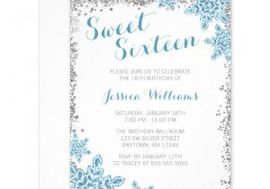 Snowflake Birthday Party Invitations Sweet 16 Glam Winter Wonderland Silver Blue Invitations