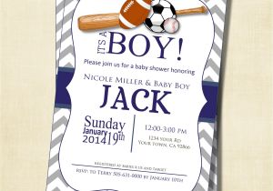 Sports themed Baby Shower Invitations for Boy Gray and Blue Chevron Sports theme Baby Shower Invitation