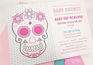 Sugar Skull Baby Shower Invitations Pink Floral Sugar Skull with Roses Baby Shower Invitation