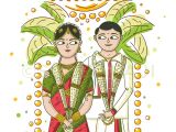 Tamil Wedding Invitation Template Vector south Indian Caricature Wedding Card with Bride and Groom