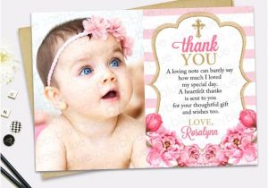 Thank You Message for Baptism Invitation Pink Gold Thank You Card Girl Floral Picture Thank You