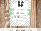 Twin Gender Reveal Party Invitations Gray and Mint Boy Girl Silhouettes Baby Shower Gender