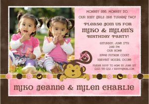 Twins 2nd Birthday Invitation Wording Monkey Girls Birthday Invitation Flowers & Bananas