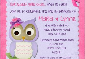 Twins 2nd Birthday Invitation Wording Owl Twin Girl Second Birthday Invitation Pink Purple