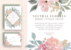 Wedding Invitation Template Commercial Use Neutral Watercolor Flowers Clipart Floral Borders