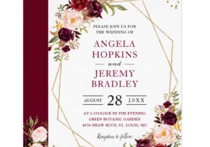 Wedding Invitation Template Maroon Blush Burgundy Floral Modern Gold Frame Wedding Invitation