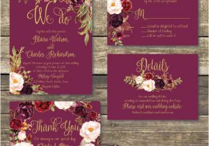Wedding Invitation Template Maroon Printed Wedding Invitation Fall Floral Watercolor