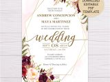 Wedding Invitation Template Set Marsala Flowers with Gold Frame Wedding Invitation