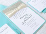 Wedding Invitations Turquoise and Silver Rhinestone Aqua Turquoise Silver Glitter and Satin