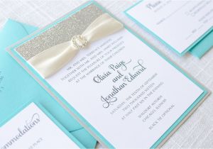 Wedding Invitations Turquoise and Silver Rhinestone Aqua Turquoise Silver Glitter and Satin