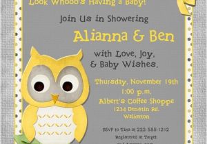 Yellow Gray Baby Shower Invitations whoo Baby Shower Invitation Surprise Owl Joy Chic Wood